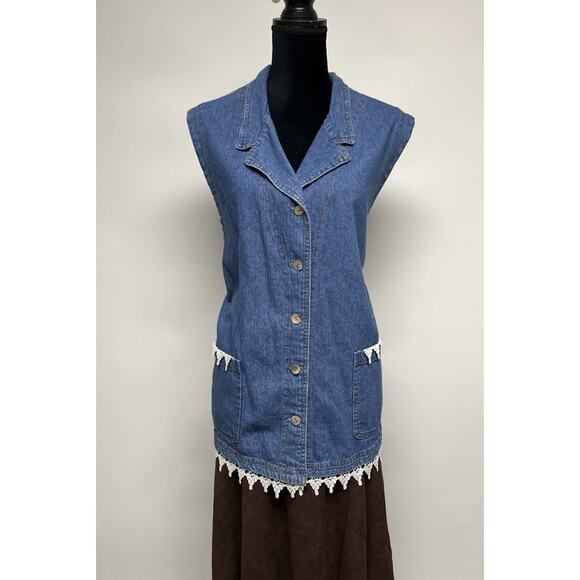 Vintage Denim Vest Womens 2X Lace Trim 90s Oversized Whimsigoth Boho Hippie Jean - Picture 2 of 13